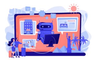 A hotel AI agent positioned as the front desk staff of a hotel for two guests checking in, in a illustrated blue and orange graphic.